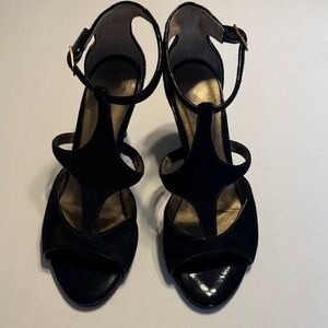 Milano Black T-Strap Open-Toe Heels with Gold Buckles